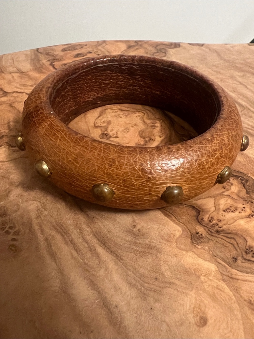 Vintage Leather and Brass Studded Bangle Bracelet 1960s Chunky size small